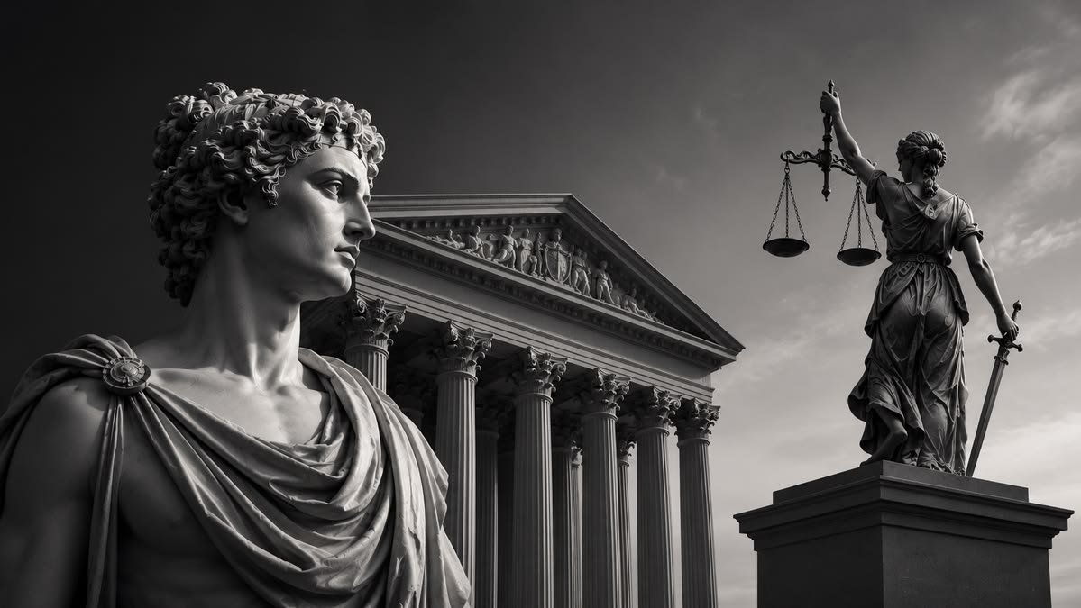 Estátua clássica, fachada de tribunal com colunas e estátua da Justiça com balança e espada