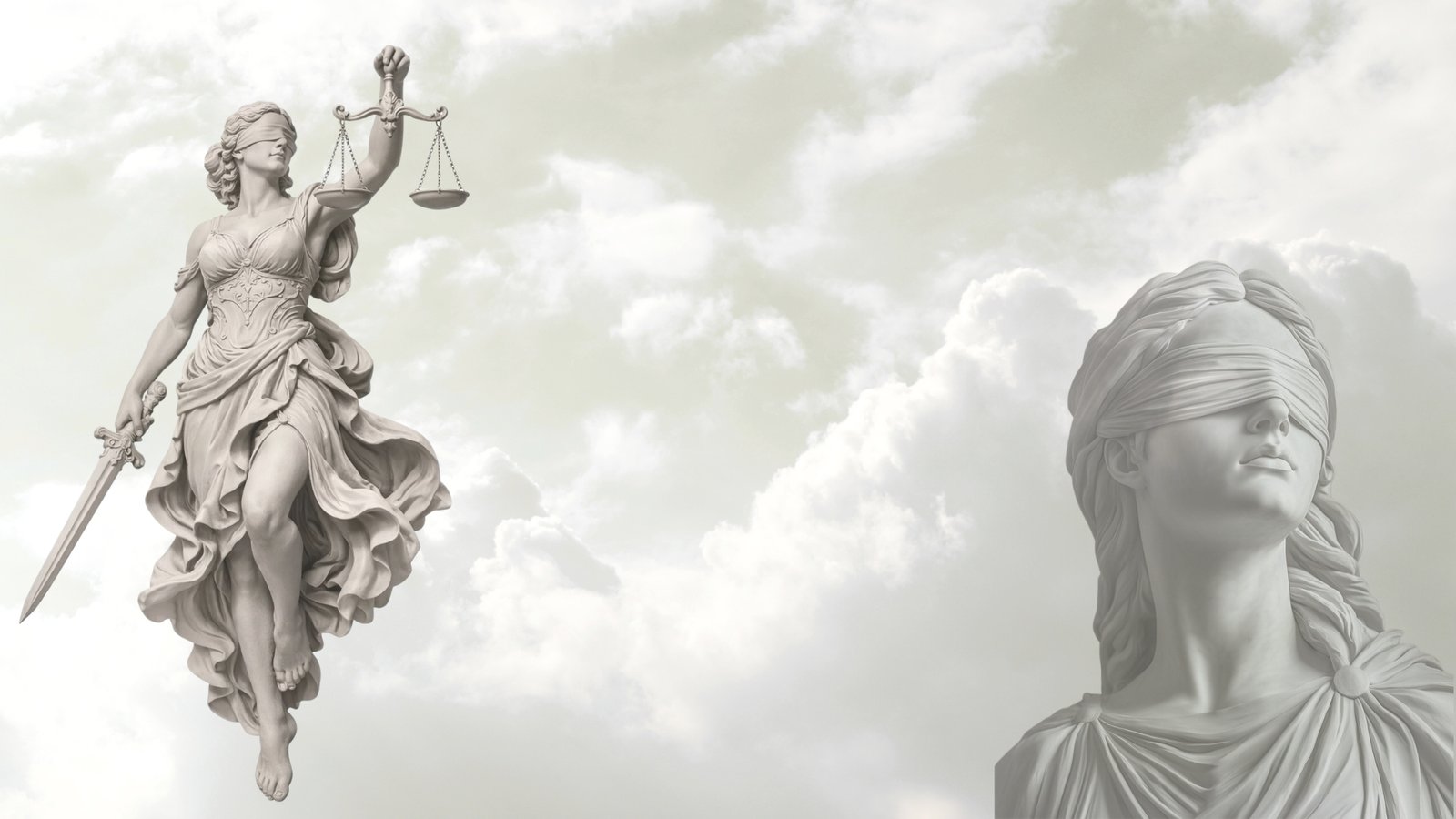 Estátua da Justiça de olhos vendados segurando balança e espada entre nuvens